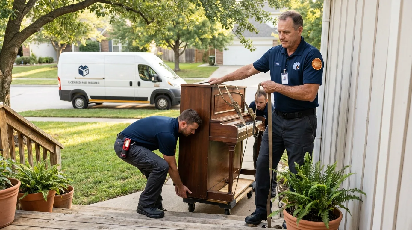 Licensed piano movers securing grand piano in Maple Shade, NJ